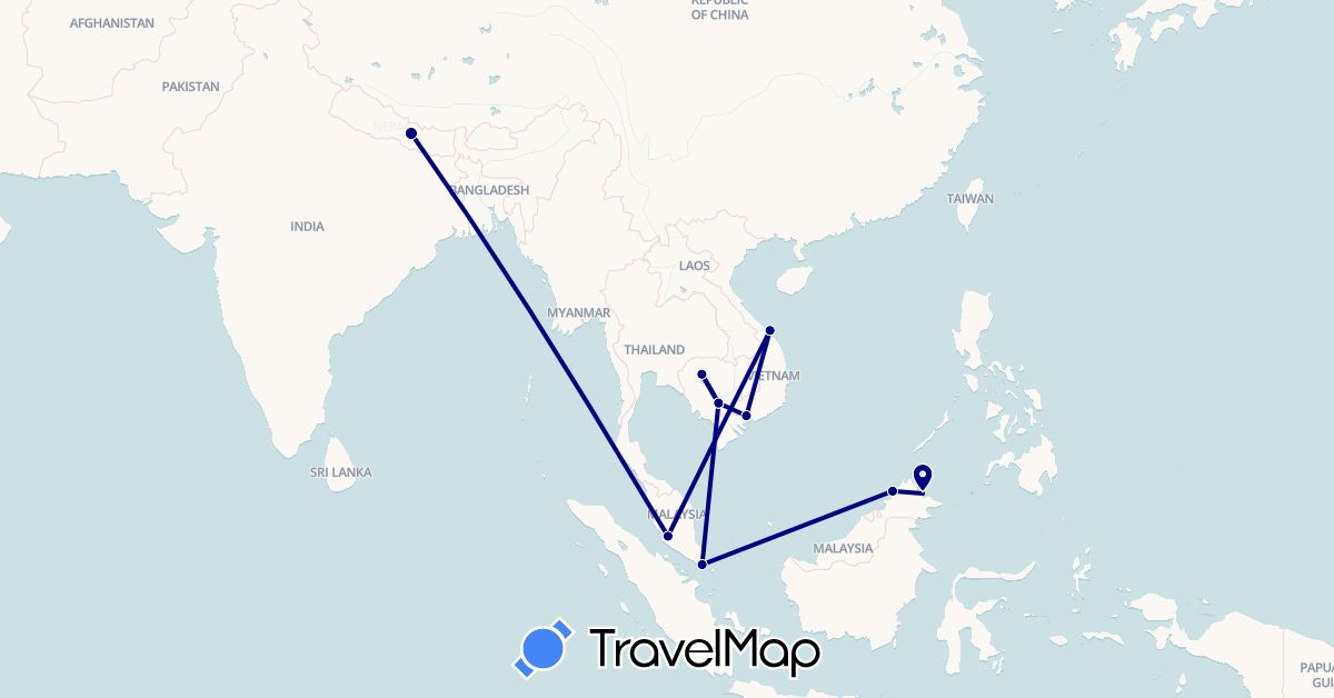 TravelMap itinerary: driving in Cambodia, Malaysia, Nepal, Singapore, Vietnam (Asia)
